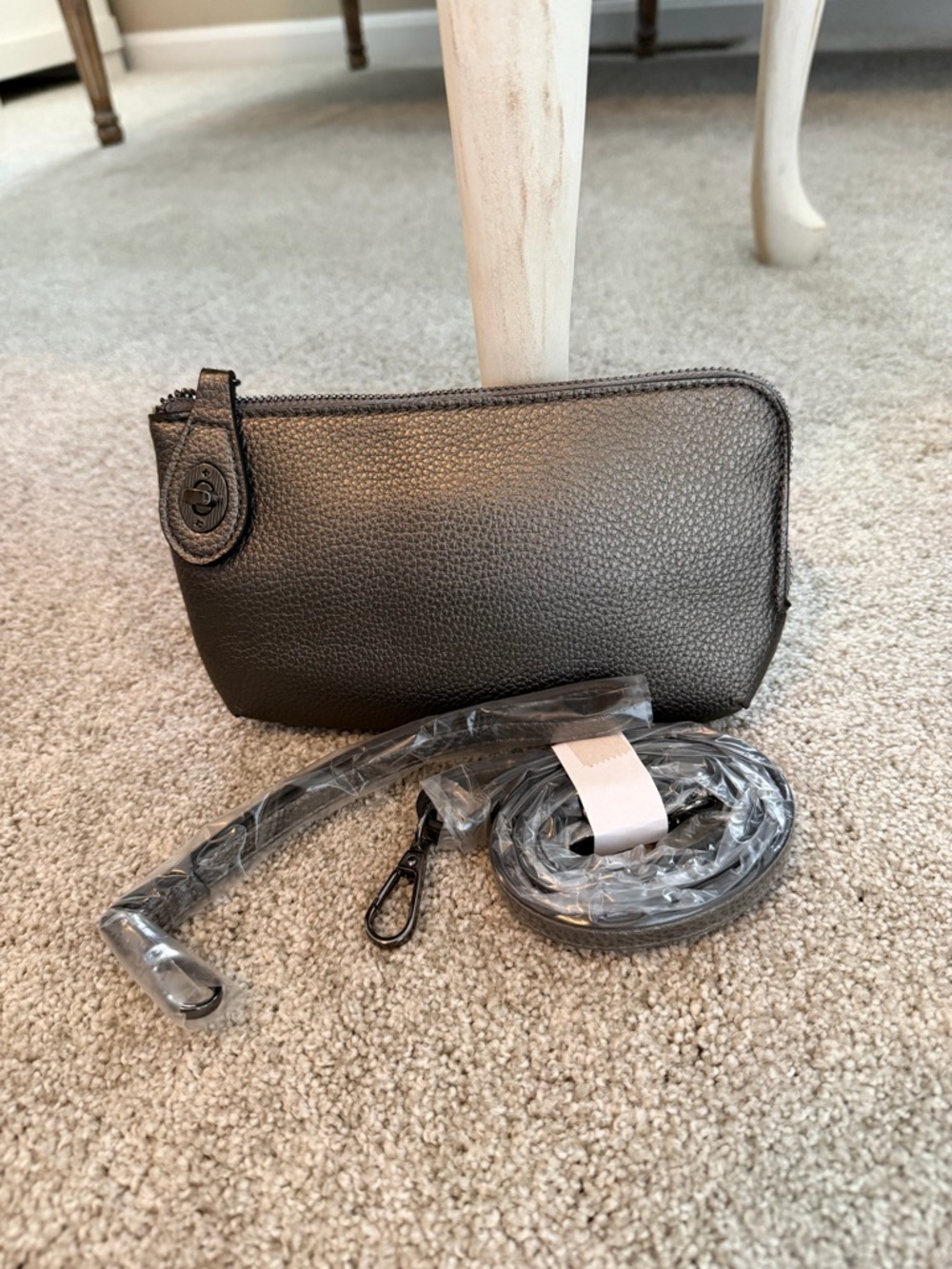 Gray Pebbled Leather Wristlet Crossbody Clutch